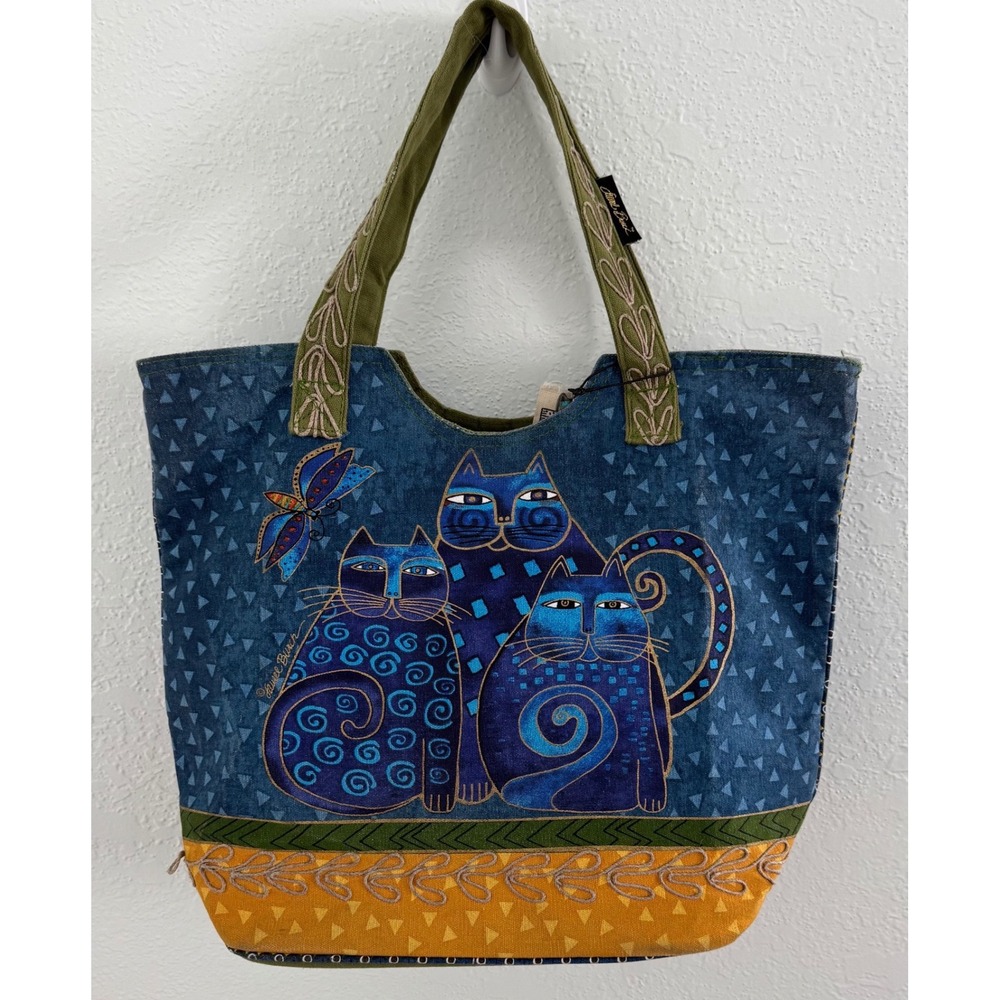 Laurel Burch Bags Blue Cats Embroidered Large Zippered Tote Shoulder Bag 90s